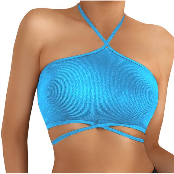 Strapless Bras for Women Crossover Closure Padded Bandeau Push Up Wireless Full Coverage Tube Top Yoga Workout Bra,Blue,42 B