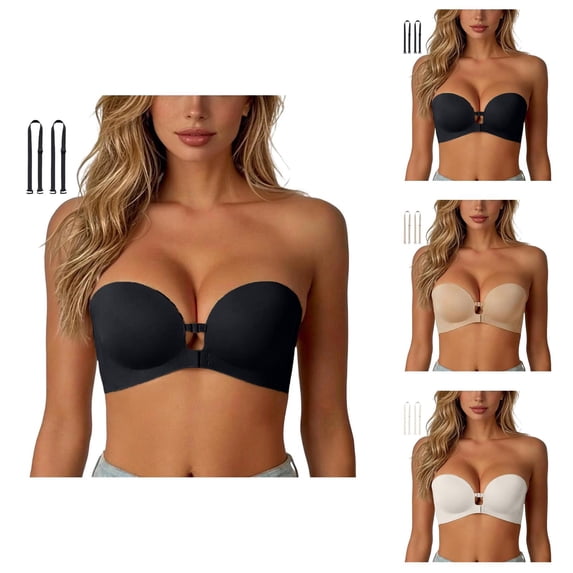 Strapless Bras for Women Front Closure Seamless Side Support Anti Sagging Push Up Bra with Detachable Strap
