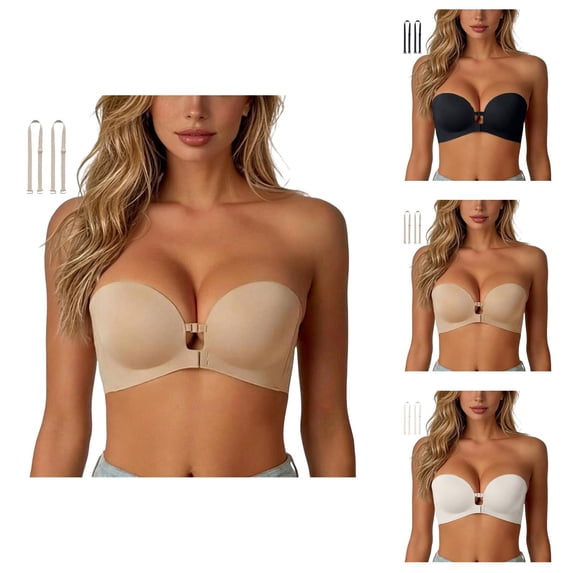 Strapless Bras for Women Front Closure Seamless Side Support Anti Sagging Push Up Bra with Detachable Strap