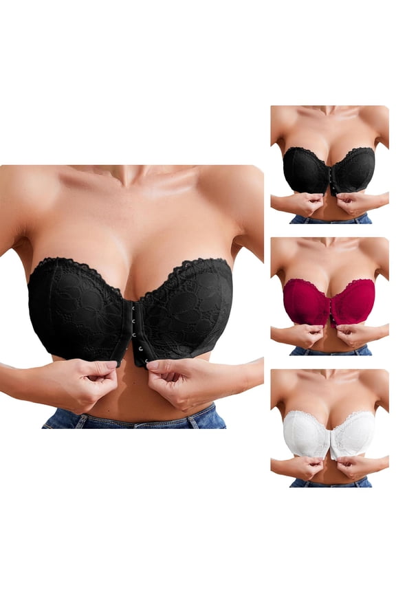 Strapless Bras for Women Front Hook Closure Lace Wireless Side Support Non- Push Up Bandeau Bra Tube Top