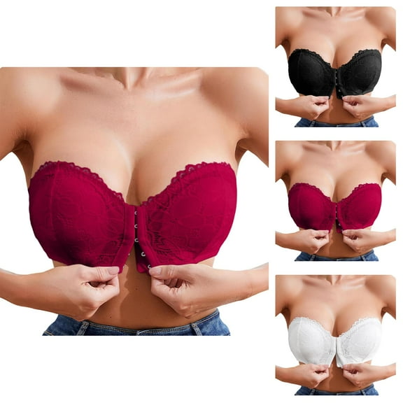 Strapless Bras for Women Front Hook Closure Lace Wireless Side Support Non- Push Up Bandeau Bra Tube Top