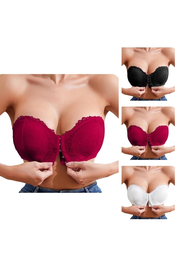 Strapless Bras for Women Front Hook Closure Lace Wireless Side Support Non- Push Up Bandeau Bra Tube Top