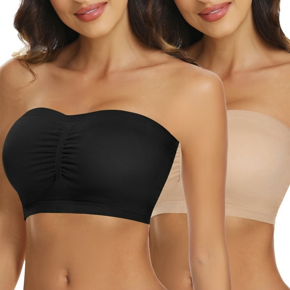 Strapless Bras for Women No Underwire Full Coverage Wireless Push Up Bandeau Tube Top pads Bralette-2 Pack