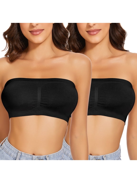 Strapless Bras for Women No Underwire Full Coverage Wireless Push Up Bandeau Tube Top pads Bralette-2 Pack