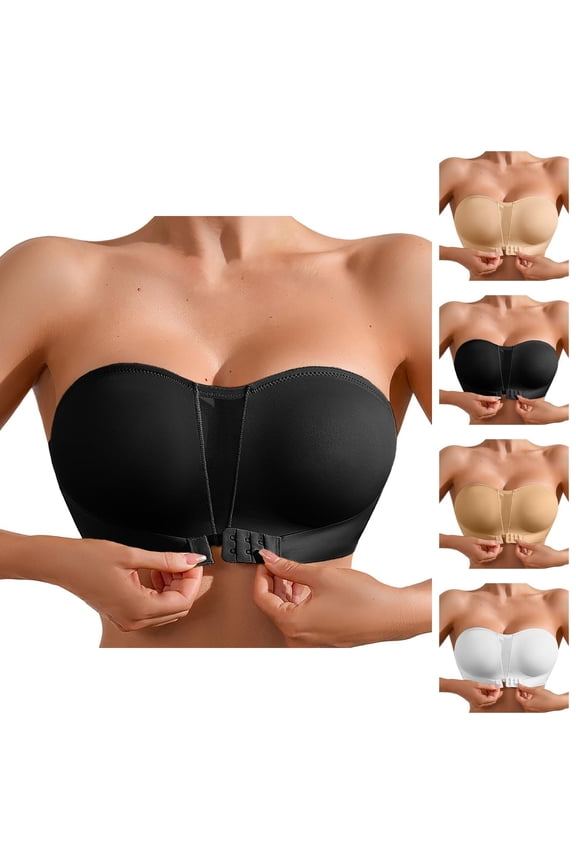 Strapless Bras for Women Non- Racerback Push Up Invisible Bandeau Bra Tube Top Front Hook Bralettes Everyday Bra