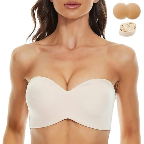 Strapless Bras for Women Plus Size Minimizer Bra Underwire Bra Comfort Non-Slip Silicone Unpadded Bandeau Bra Nude 38DDD