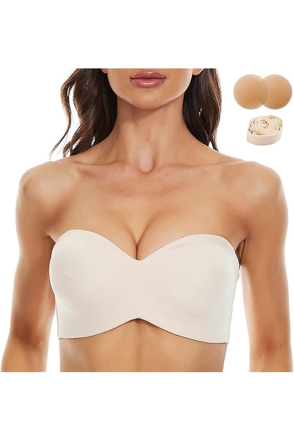 Strapless Bras for Women Plus Size Minimizer Bra Underwire Bra Comfort Non-Slip Silicone Unpadded Bandeau Bra Nude 38DDD