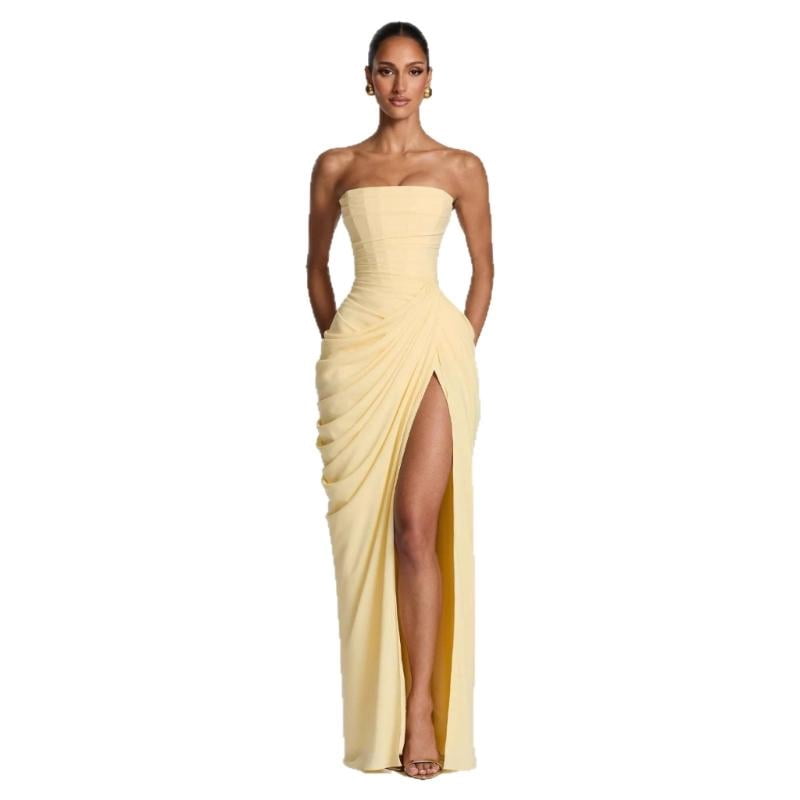 stretchy bridesmaid dress Strapless Dresses Off Shoulder Cocktail Ruffle Accent Stretch satin dress