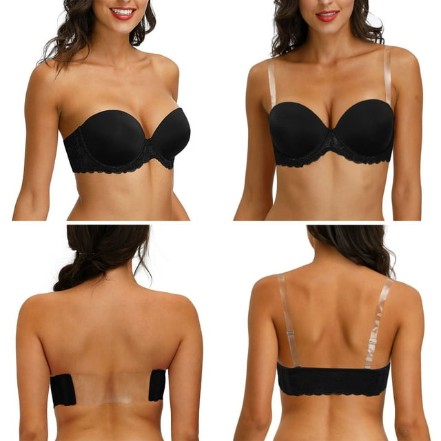 Strapless Clear Back Strap Convertible Bra with Lace Padded Underwired Plus Size Brassiere