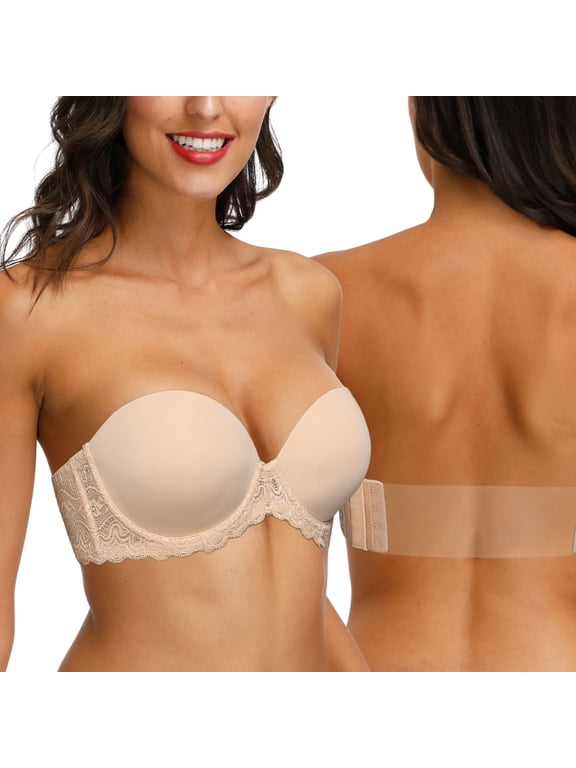 Strapless Clear Back Bra for Women Convertible Padded Lace Plus Size Bra Underwire, Beige 38C