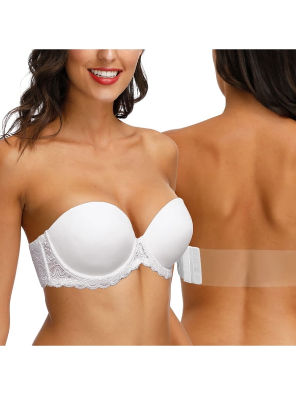Strapless Clear Back Bra for Women Convertible Padded Lace Plus Size Bra Underwire, White 42E