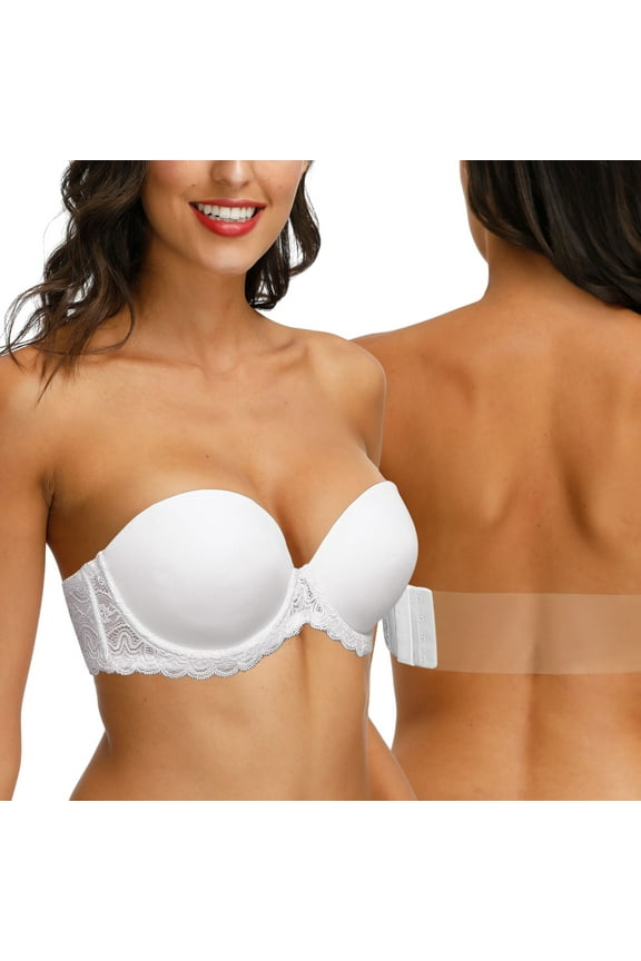 Strapless Clear Back Bra for Women Convertible Padded Lace Plus Size Bra Underwire, White 32D