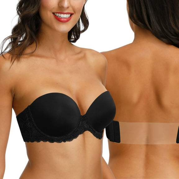 YANDW Strapless Clear Back Bra for Women Convertible Padded Lace Plus Size Bra Underwire, Black 42E