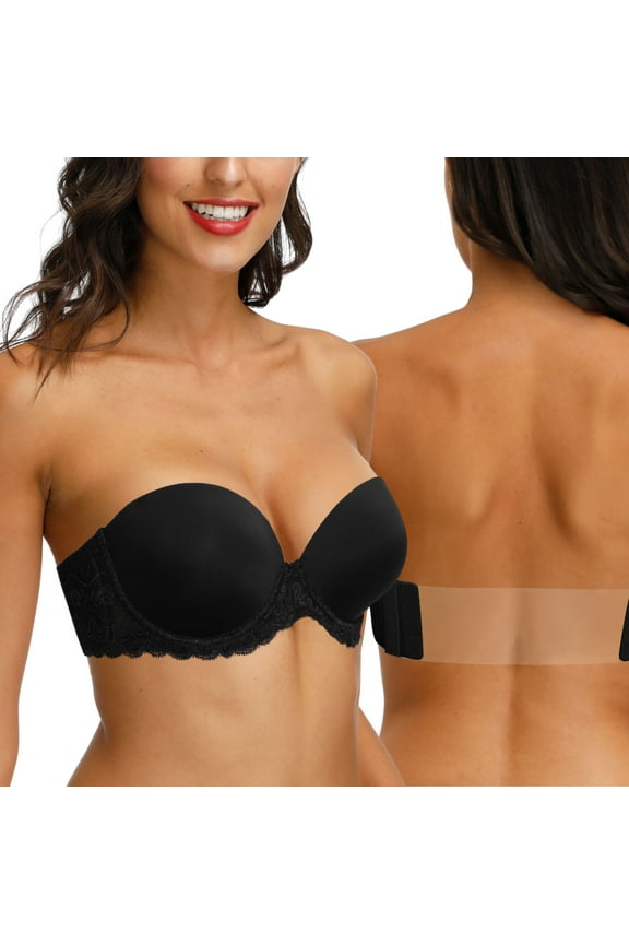 Strapless Clear Back Bra for Women Convertible Padded Lace Plus Size Bra Underwire, Black 38F