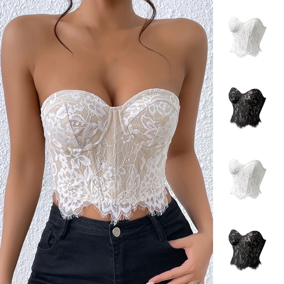 Strapless Corset Top for Women Sexy Floral Lace Bustier Going Out Renaissance Corset Overbust Top