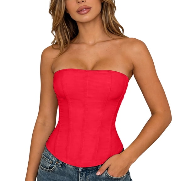 Strapless Corset Top for Women Sexy Mesh Bustier Tops Party Club/Red/L
