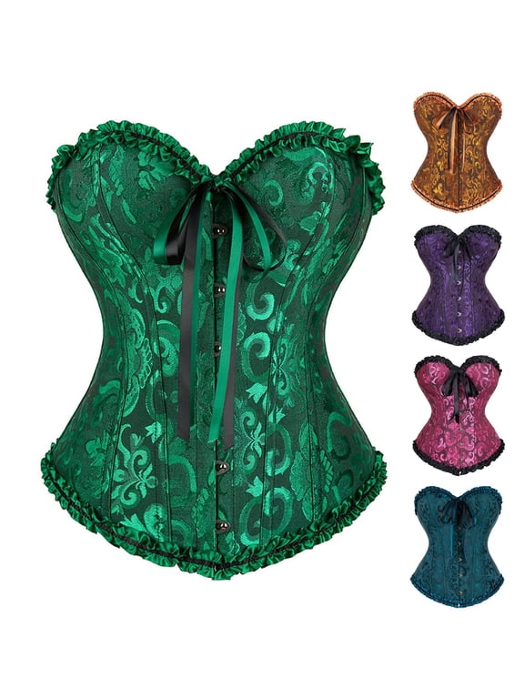 Strapless Corset Tops for Women, Sweetheart Ruffle Jacquard Bustier, Front Ribbon Boned Shapewear, Gothic Party Renaissance Cosplay (Blue,S)