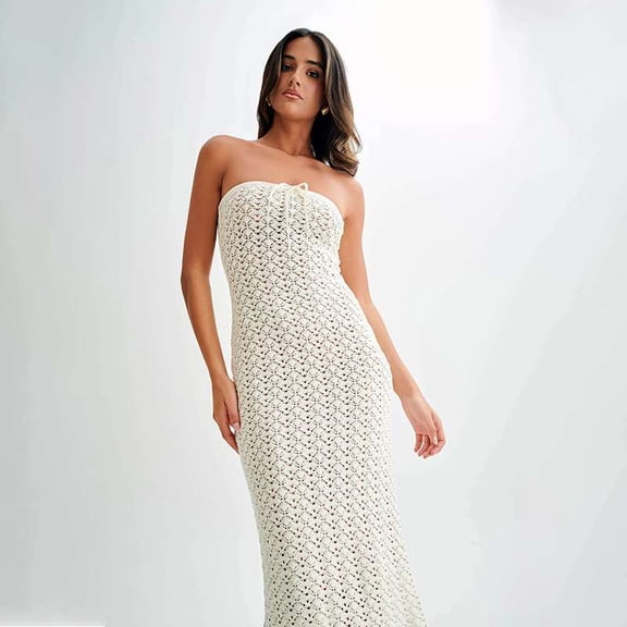 Strapless Crochet Midi Dress (S, White)