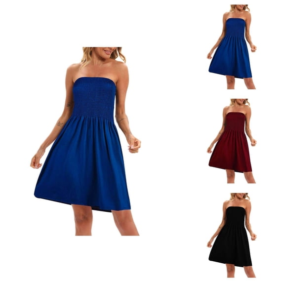 Strapless Dress for Women Sleeveless Smocked Bust Tube Dresses A Line Ruffle Flowy Mini Dresses Boho Beach Vacation Dress