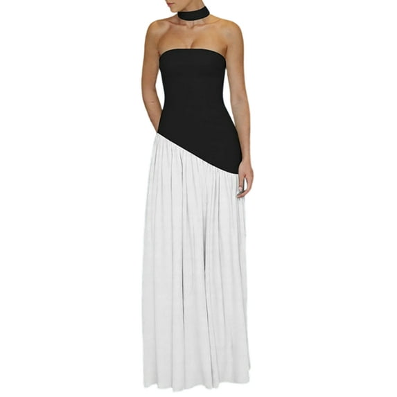 Strapless Halter Drop Waist Bridesmaid Dresses for Women with Scarf Split Formal Evening Black L