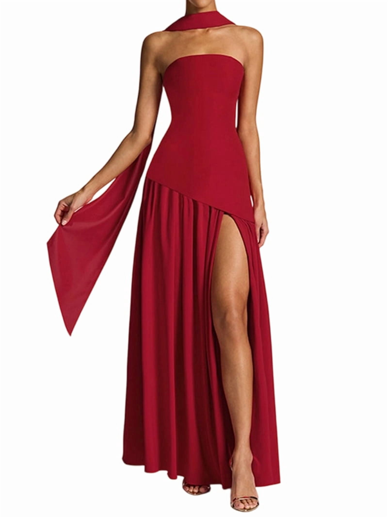 Strapless Halter Drop Waist Bridesmaid Dresses for Women with Scarf Split Formal Evening Red M