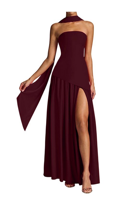 Strapless Halter Drop Waist Bridesmaid Dresses for Women with Scarf Split Formal Evening Wine Red M (Linen Casual Dresses for Women)