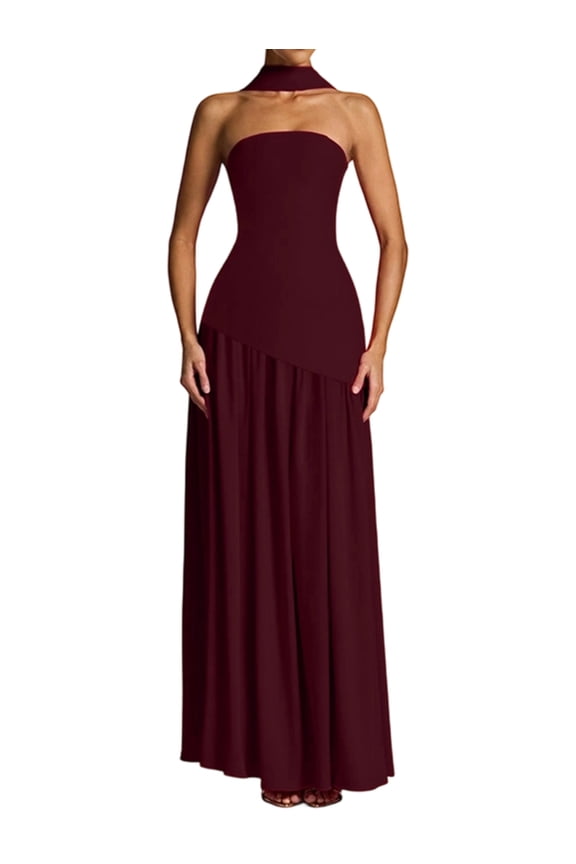 Strapless Halter Drop Waist Bridesmaid Dresses for Women with Scarf Split Formal Evening Wine Red S