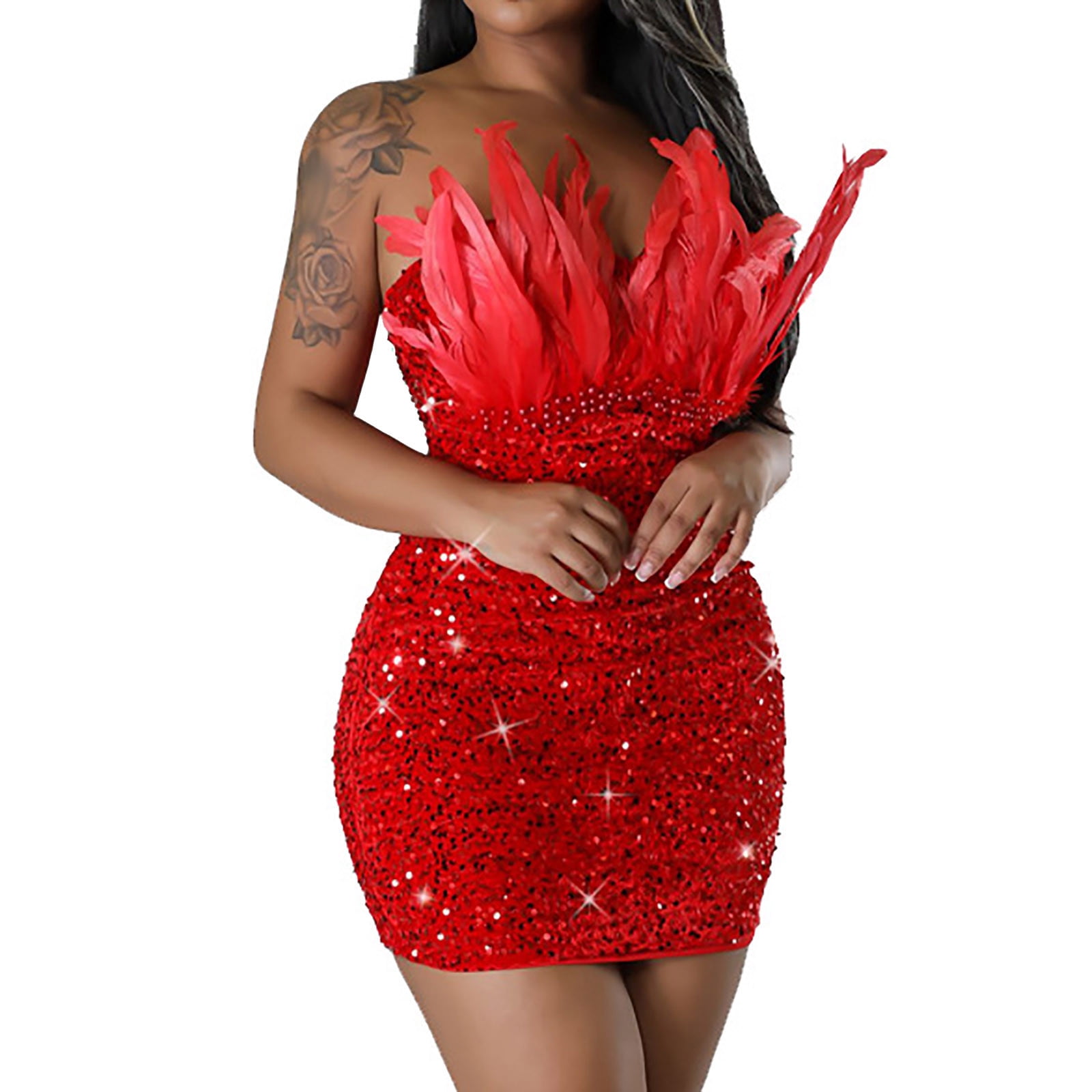 Strapless Homecoming Dress for Women Sparkly Glitter Feather Bodycon Mini  Dress Birthday Party Prom Night Dresses Black L - Walmart.com