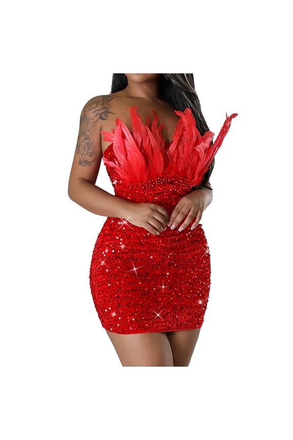 Strapless Homecoming Dress for Women Sparkly Glitter Feather Bodycon Mini Dress Birthday Party Prom Night Dresses Red M