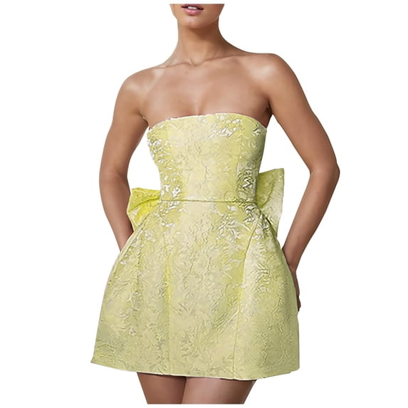 Strapless Jacquard Mini Dress for Women A-Line Graduation Party Dress with Back Bow and Lace-Up Corset