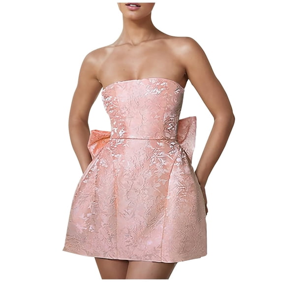 Strapless Jacquard Mini Dress for Women A-Line Graduation Party Dress with Back Bow and Lace-Up Corset