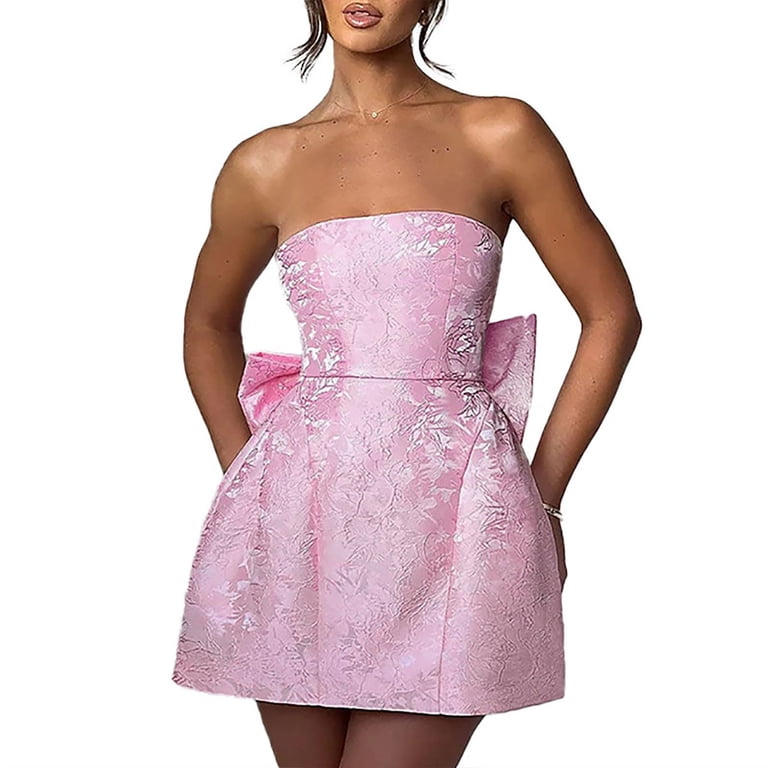 graduation dress with corset Strapless Jacquard Mini for Women A-Line Party Dress Back Bow and Lace-Up colour: black-bodycon-gold-hardware-detail-midi-dress