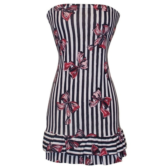 Strapless Jersey Striped Bow Print Ruffle Tube Mini Dress Sundress, 1X, Pink-Bows