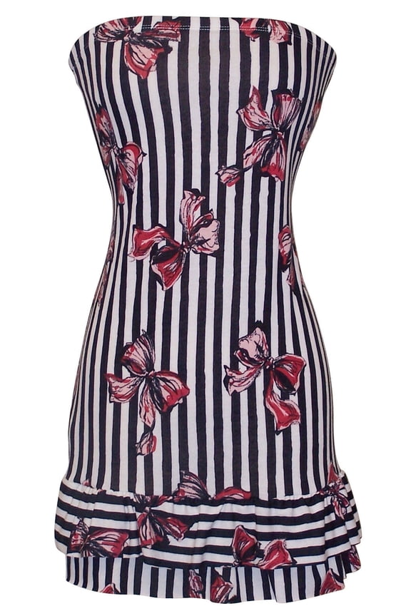 Strapless Jersey Striped Bow Print Ruffle Tube Mini Dress Sundress, 1X, Pink-Bows