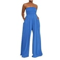 thumbnail image 1 of Strapless Jumpsuits for Women Summer Dressy Smocked Tube Top Rompers One Piece Flowy Wide Leg Pants with Pockets, 1 of 5
