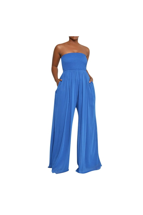 Strapless Jumpsuits for Women Summer Dressy Smocked Tube Top Rompers One Piece Flowy Wide Leg Pants with Pockets