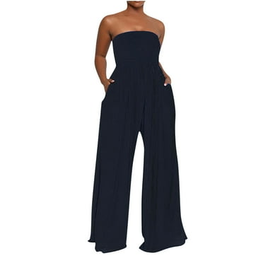 Strapless Jumpsuits for Women Summer Dressy Smocked Tube Top Rompers One Piece Flowy Wide Leg Pants with Pockets