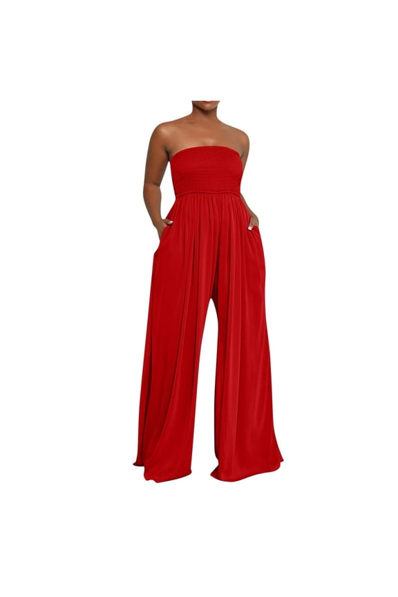 Strapless Jumpsuits for Women Summer Dressy Smocked Tube Top Rompers One Piece Flowy Wide Leg Pants with Pockets