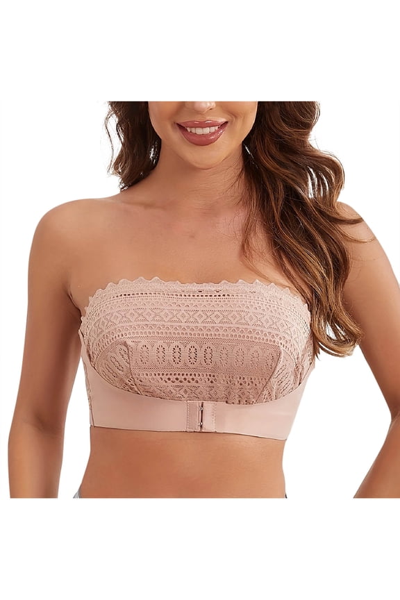 Strapless Lace Bra Solid Color Front Buckle Beautiful Back Daily Wear Comfortable Nylon Lingerie for Women #Beige,S