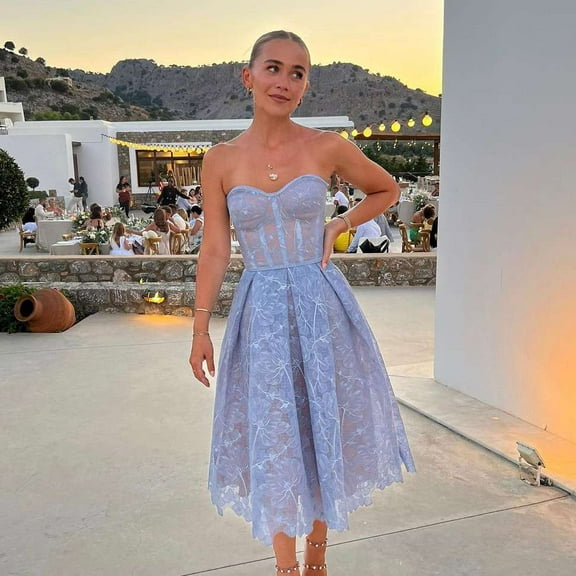 Strapless Lace Midi Dress (M, Blue)