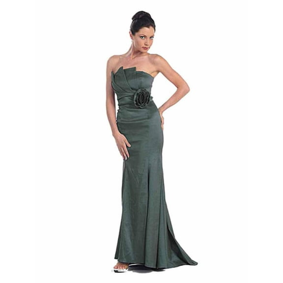 Strapless Long Silver Taffeta Gown With Rosette Size Medium