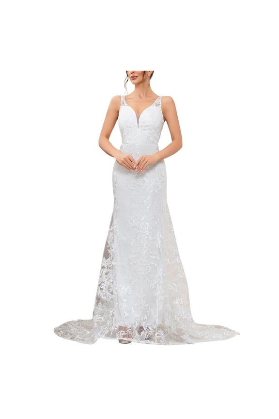 Strapless Maxi Dress Mermaid Wedding Dresses for Bride, Womens Sleeveless Lace Long Bridal Gowns for Beach Wedding White M