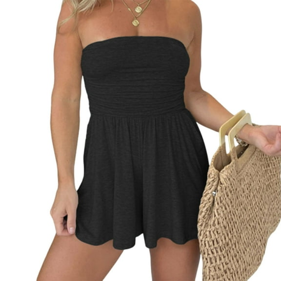 Strapless Off Shoulder Pleated Short Romper,Strapless Sleeveless Ruched Waist Ruffle Dress