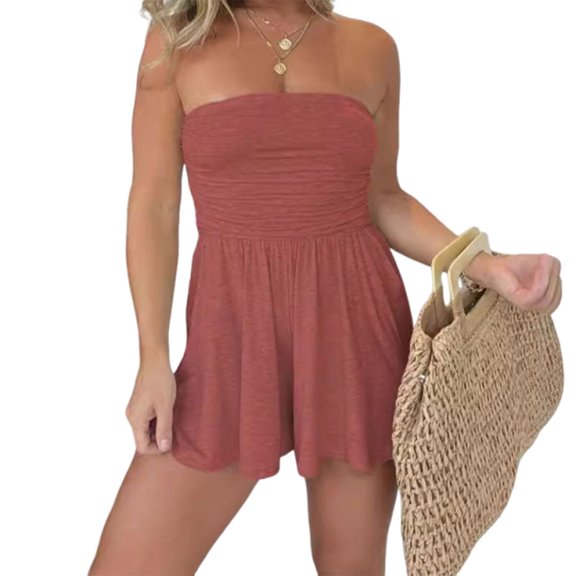 Strapless Off Shoulder Pleated Short Romper,Strapless Sleeveless Ruched Waist Ruffle Dress