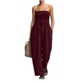 thumbnail image 1 of Strapless One Piece Jumpsuits Womens Off Shoulder Wide Leg Linen Jumpsuit Sleeveless Summer Vacation Jumper Wine, M, 1 of 5