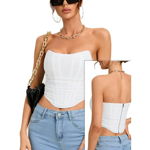 Strapless Party Crop Top Zip Back Outfits Corset Bustiers for Women