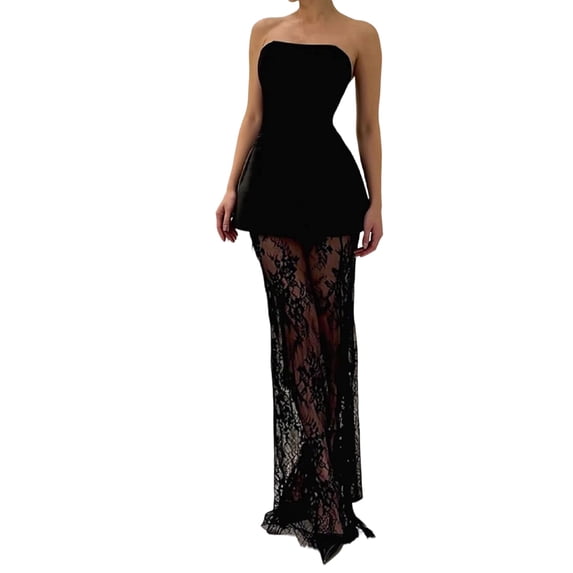Strapless Peplum Crop Top with Sheer Lace Maxi Skirt for Cocktail Parties Black L