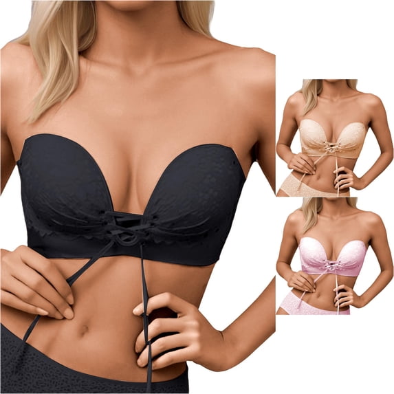 Strapless Push Up Bra Thickened Padded Hidden Breathable Women's Low Cut Female For Daily Use, 75AB, Black