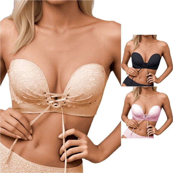 Strapless Push Up Bra Thickened Padded Hidden Breathable Women's Low Cut Female For Daily Use, 80AB, Beige