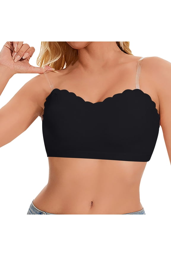 Strapless Push Up Bra with Clear Straps, Comfort Non-Slip Seamless Padded Bandeau Bras Wireless Tube Top Bra